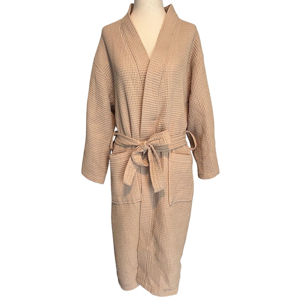 Turquaz Women's S/M Robe Tan Waffle Knit Cotton Blend Kimono Tie Waist Pockets
